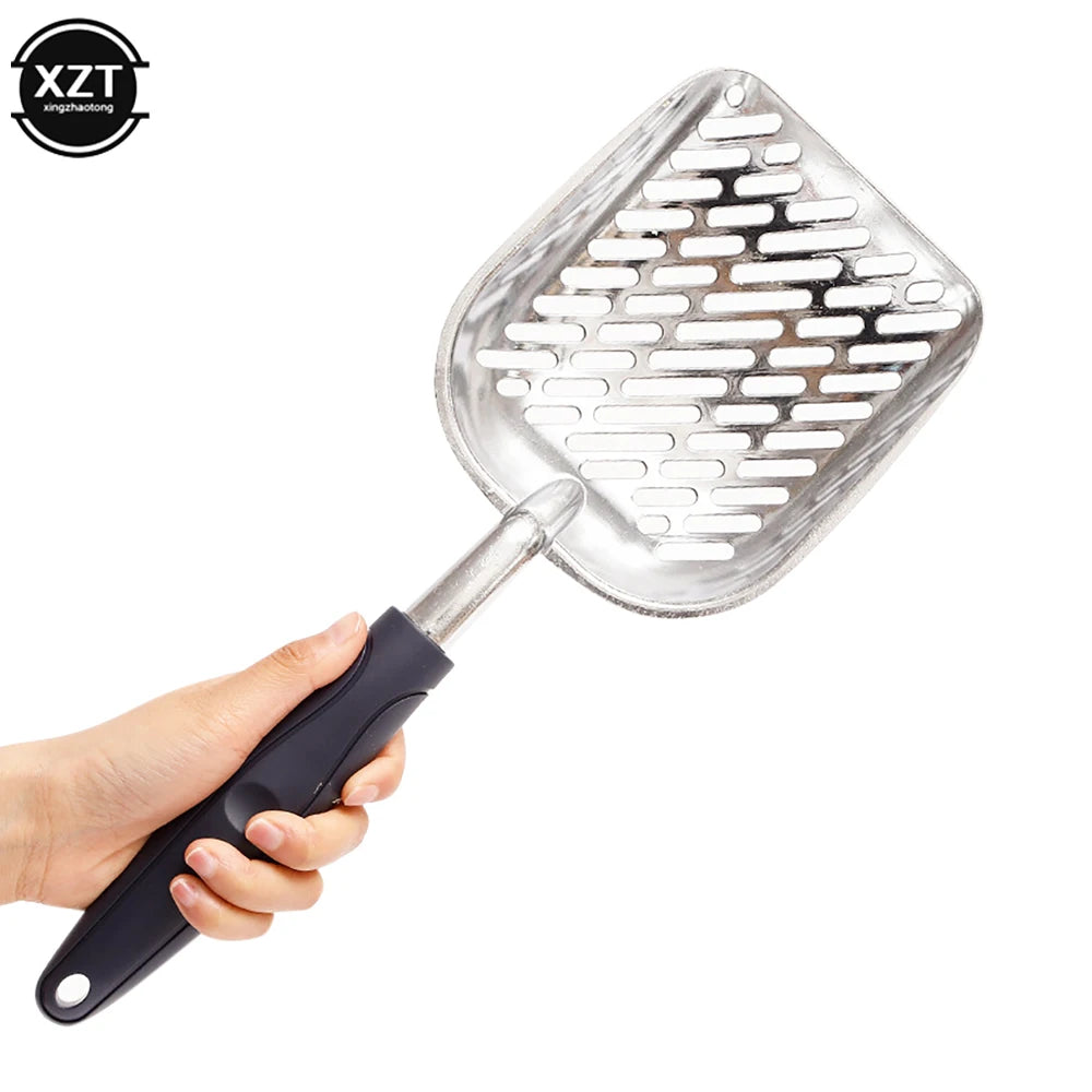 Cat Litter Scoop, Non-Stick Plated Aluminum Alloy Sifter, Kitty Durable Metal Scooper, Deep Shovel, Long Handle, Kitten Pooper Lifter, Size Large, Coated Black Body with Black Handle